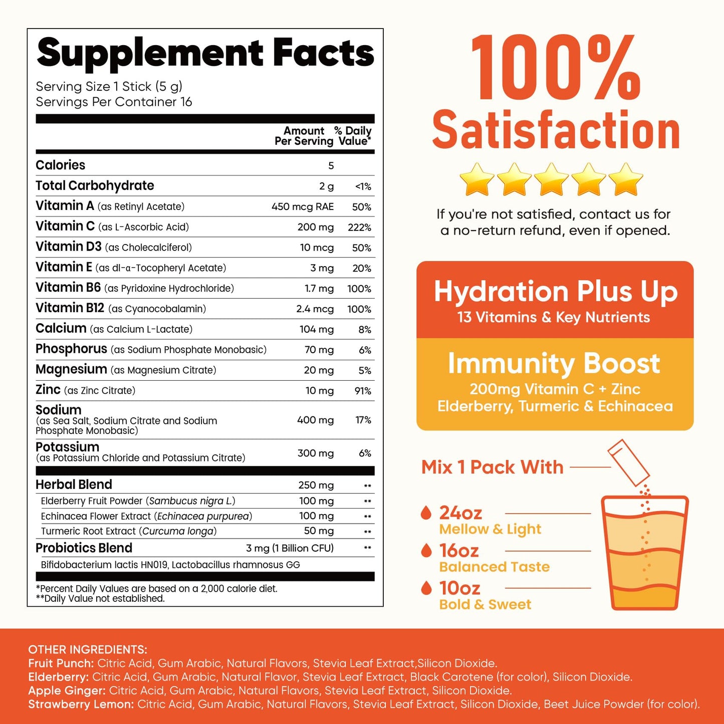 Venture Pal Sugar Free Hydration Packets+Immune-Liquid Daily IV Drink Mix | Electrolyte Powder with 7 Electrolytes & 6 Vitamins, Probiotics + Elderberry | Non-GMO, Keto Friendly, Vegan | 16 Sticks