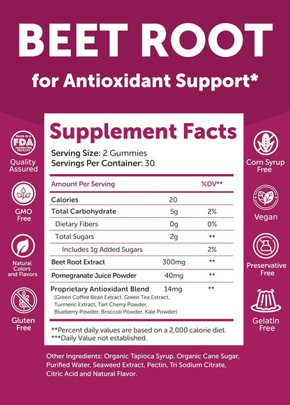 Lunakai USA Made Beet Root Gummies with 7-Antioxidant Blend - 4:1 Extract Non-GMO Vegan Beet Chews for Daily Natural Energy, Men & Women, 60ct