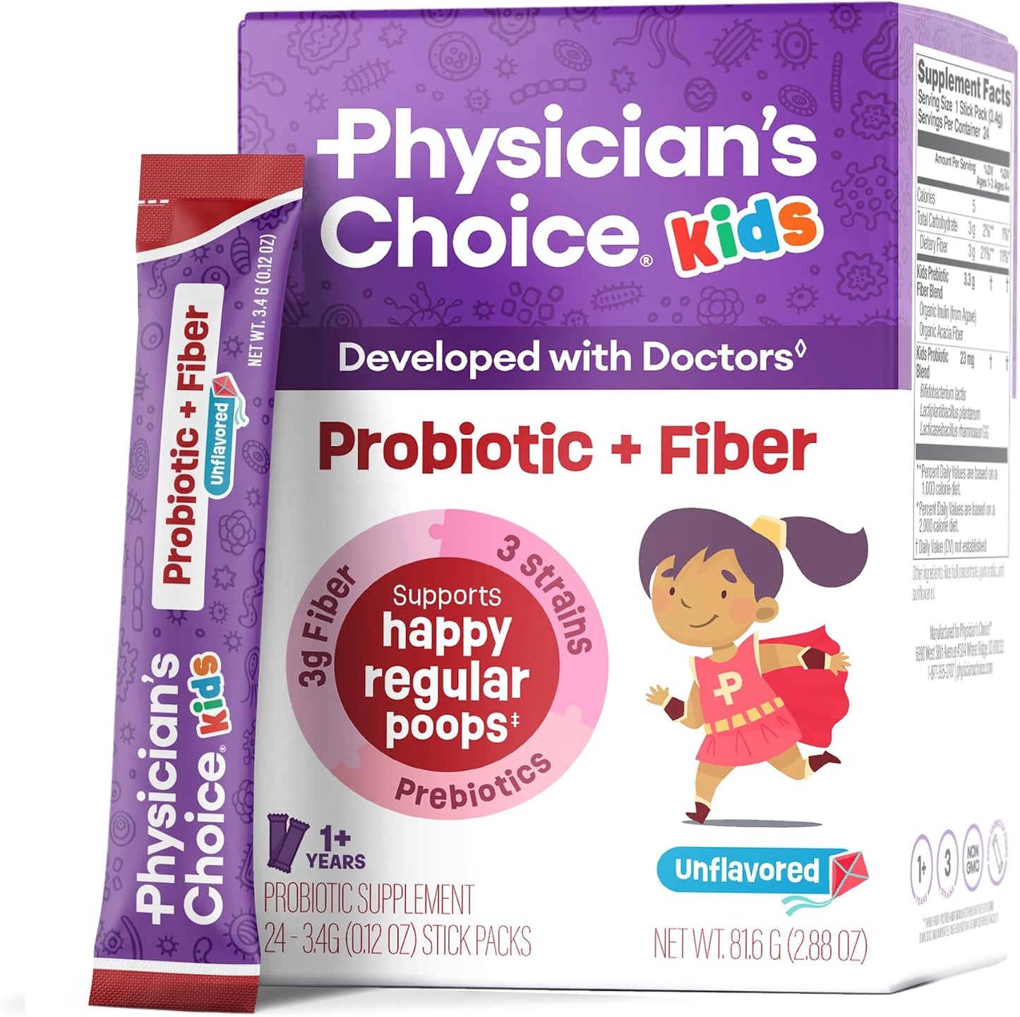 Physician's Choice Kids Probiotic + Prebiotic Fiber Packets (Ages 1+) - Supports Regularity, Occasional Constipation & A Healthy Digestive System - No Allergens or Preservatives - Unflavored - 24 Pack