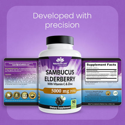 NaturaLife Labs Sambucus Elderberry Capsules – with Vitamin C & Zinc – Immune Support Supplement – 90 Vegan Capsules – Non-GMO & Gluten-Free