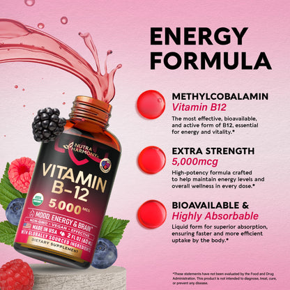 USDA Organic Vitamin B12 Sublingual Drops - 5000 mcg Liquid Vegan Methylcobalamin for Women & Men - Energy Boost, Focus & Mood, Brain Health Support - Maximize Absorption - 2 Month Supply, 2 fl oz