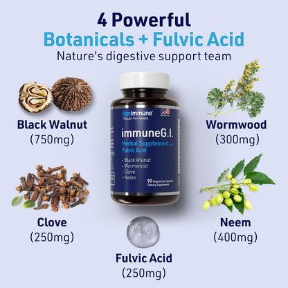 ImmuneG.I. Wormwood Black Walnut Hull Clove Neem Fulvic Acid | Intestinal Cleanse Formula | Doctor Formulated to Support Gut Health & Detox - No Stearates, No Dioxides – 90 Capsules