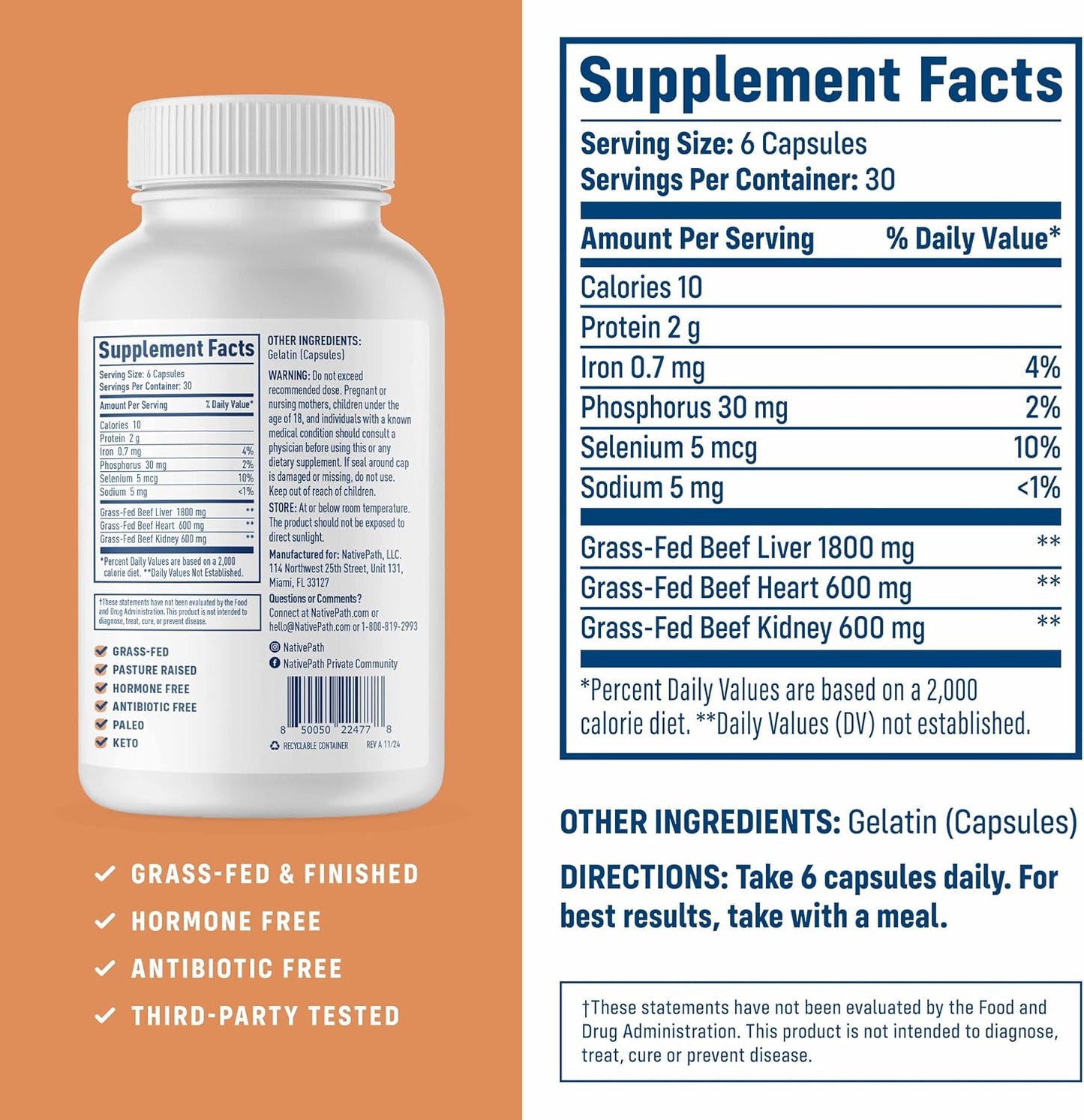 NativePath Beef Organ Complex, Liver Heart Kidney, 180 Count | Grass-Fed, Freeze-Dried, Rich In Vitamin A, B12, Iron & Choline, New Zealand Sourced, Daily Energy