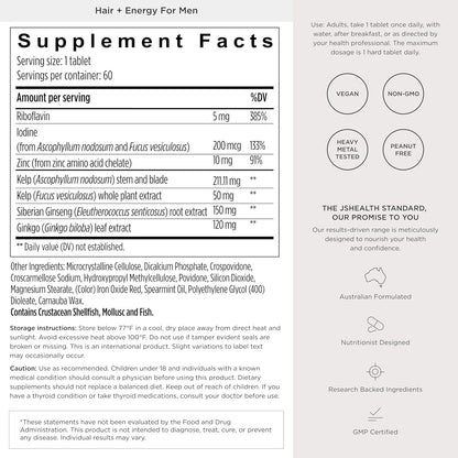 JSHealth Hair Growth Supplement for Men Nutritionist Formulated - 60 Count | Made with Kelp Iodine, Zinc, Siberian Ginseng, Ginkgo. Supports Hair, Healthy Hormone Levels, Energy, Stamina