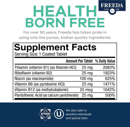 FREEDA Super B-Complex Vitamin Supplement – No Folic Acid or PABA, 100ct | Supports Energy, Metabolism, & Cellular Function – Balanced B Vitamins for Men & Women – Kosher, Vegan, Gluten-Free, USA Made