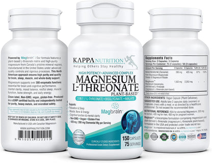 Magnesium L-Threonate Plant-Based 3 in 1 Powered by Magbrain® Magnesium L-Threonate Plant-Based | Magnesium Bisglycinate & Magnesium Malate | Up to 420 mg Elemental Magnesium | 150 Vegan Capsules.