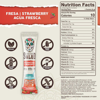Salud 2-Pack | 2-in-1 Hydration + Immunity (Strawberry) & Hydration + Immunity (Horchata) – 15 Servings Each, Agua Fresca Drink Mix, Non-GMO, Gluten Free, Vegan, Low Calorie, 1g of Sugar