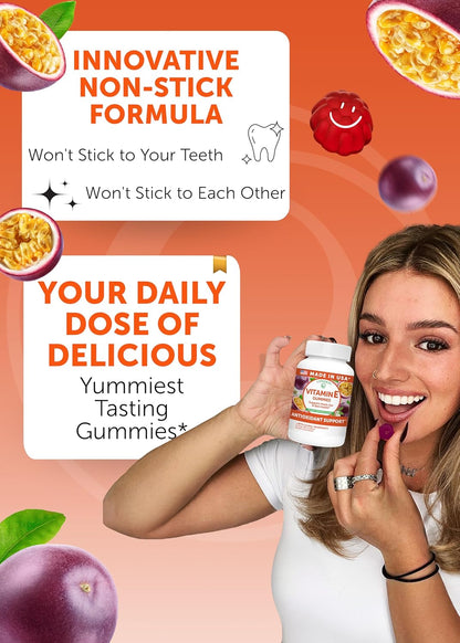 Lunakai USA Made Vitamin E 400 IU Gummies with Vitamin C 50mg, for Eye, Immune & Skin Support - d-Alpha-Tocopherol for Adults, Women & Men, Non-GMO Vegan, 60 Daily VIT E Gummies