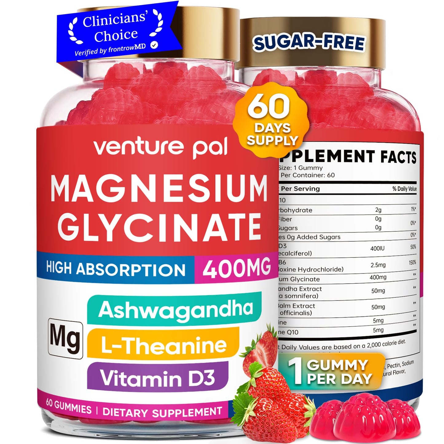 60 Day Supply Magnesium Glycinate 400mg Gummies Sugar Free High Absorption | With Ashwagandha, L-Theanine, CoQ10, Vitamin D3 & B6, Adults & Kids, Stress Relief, Sleep & Calm, Vegan, Gluten Free