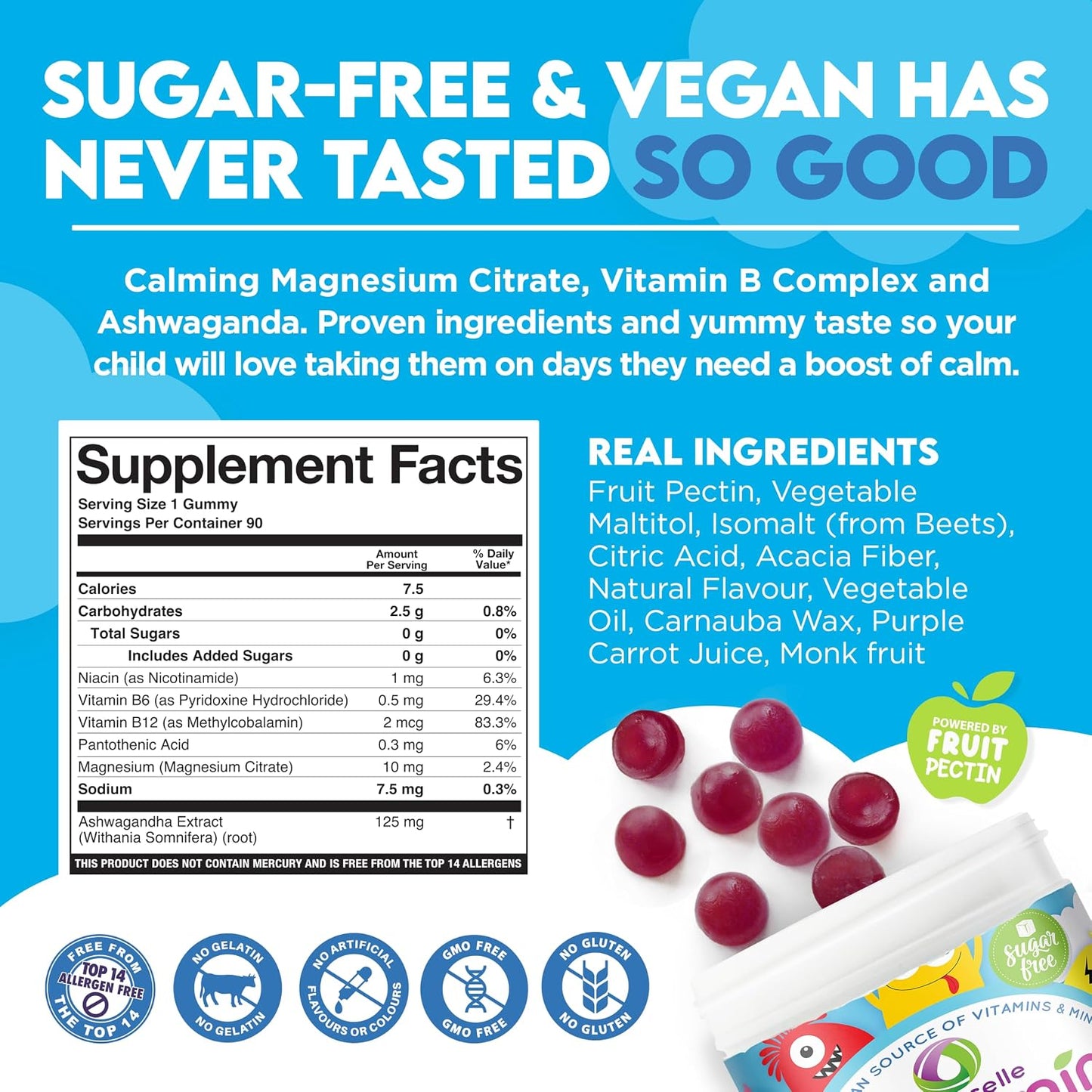 Nutracelle NUTRAMIN Kids Mood Boost Vegan Vitamin Gummy: Magnesium Citrate Supplement for Children with Ashwagandha & Vitamin B Complex to Relax & Focus - Sugar-Free, Wild Berry - 60ct (60 Count)