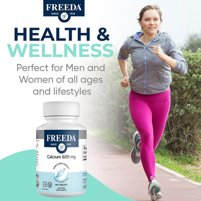 FREEDA Calcium 600mg Tablets for Bone, Joint & Teeth Support – 100 Count | Gluten-Free, Easy-to-Swallow Coated Tablets to Support Healthy Bones, Joints, Teeth, Muscle Function & Nerve Health