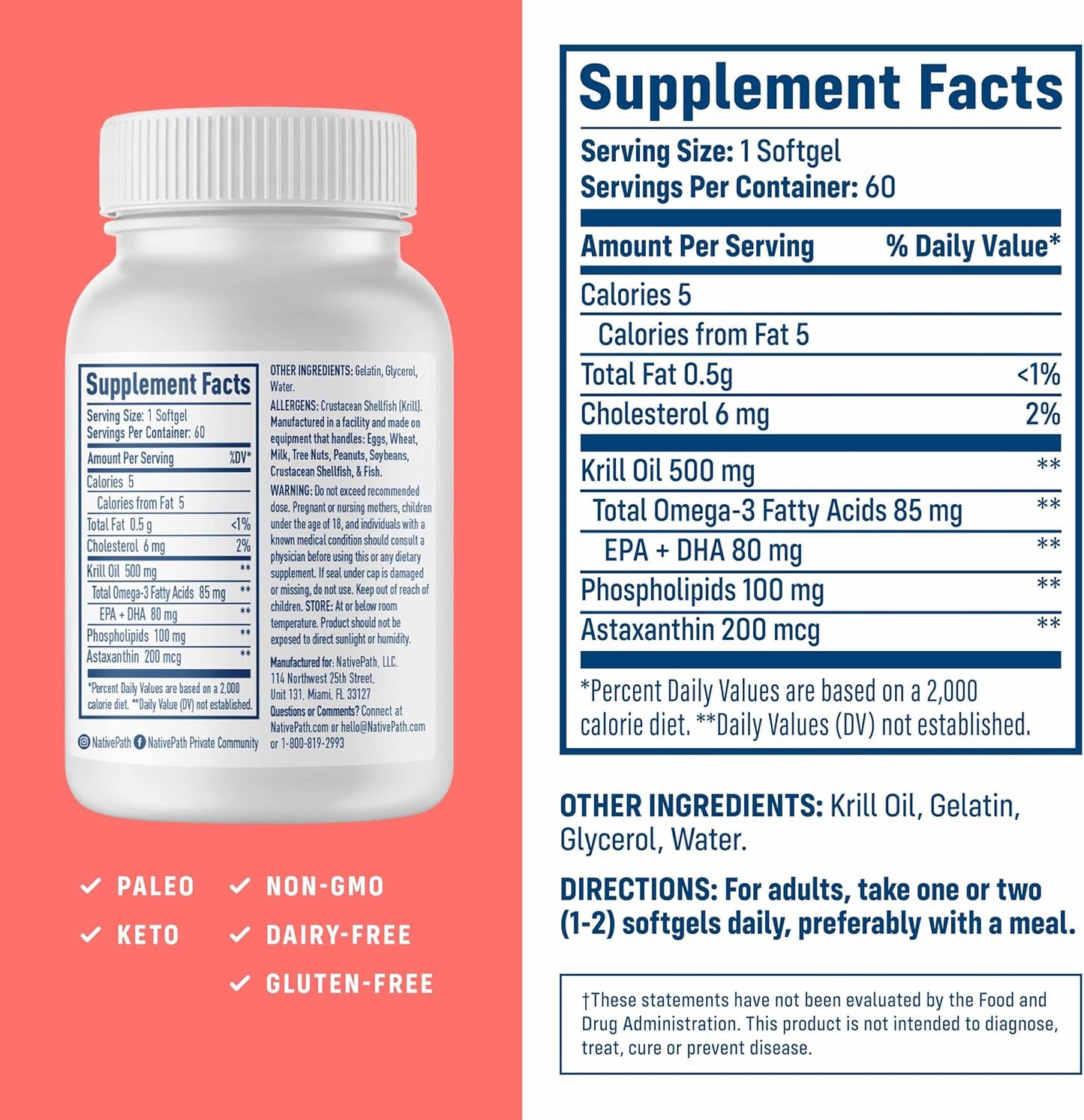 NativePath Antarctic Krill Oil 500mg, Omega-3, 60 Softgels | Wild-Caught, Astaxanthin, EPA & DHA Phospholipid-Bound, Supports Circulatory, Brain & Joint Health