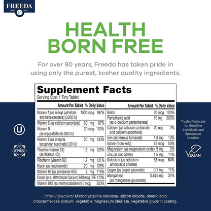 Freedavite Tiny Tablet - Moderate Multivitamin for Men and Women - Pure Vitamin A, C, D, E, B1, B2, B6, B12, Biotin, Calcium, Zinc, Iron, Magnesium, Manganese, Copper, Selenium, Iodine - 250 Count | Supports Energy, Immunity, Bone & Brain Health – 20 Esse