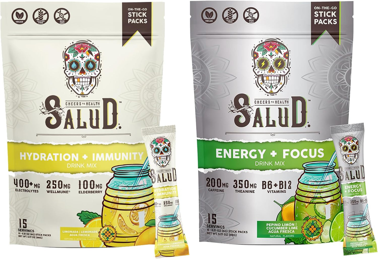 Salud 2-Pack | 2-in-1 Hydration + Immunity (Lemonade) & Energy + Focus (Cucumber Lime) – 15 Servings Each, Agua Fresca Drink Mix, Non-GMO, Gluten Free, Vegan, Low Calorie, 1g of Sugar