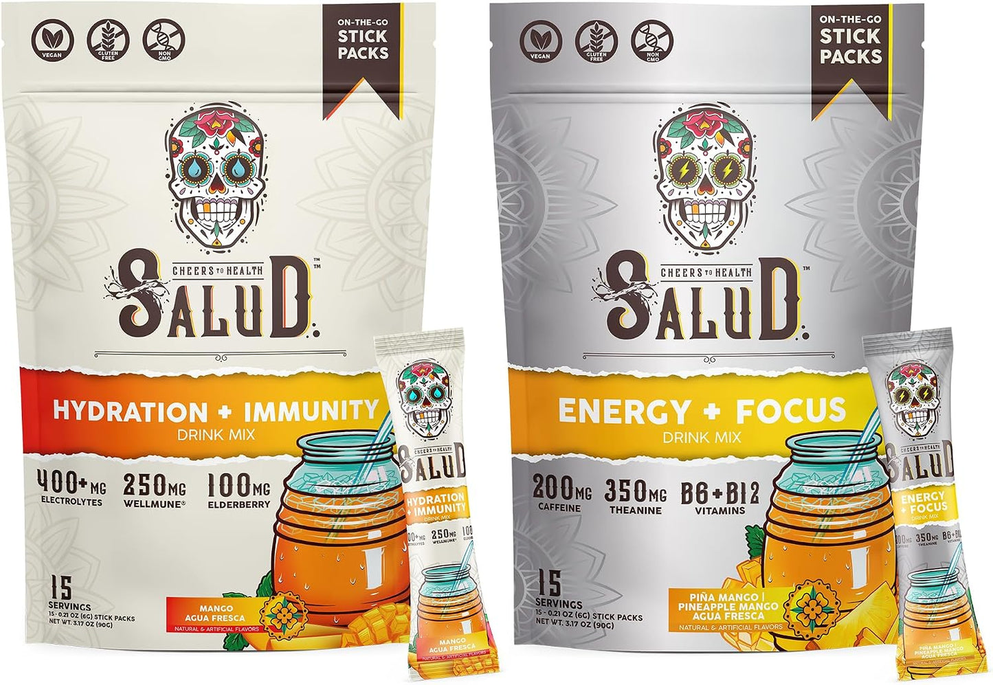 Salud 2-Pack | 2-in-1 Hydration + Immunity (Mango) & Energy + Focus (Pineapple Mango) – 15 Servings Each, Agua Fresca Drink Mix, Non-GMO, Gluten Free, Vegan, Low Calorie, 1g of Sugar