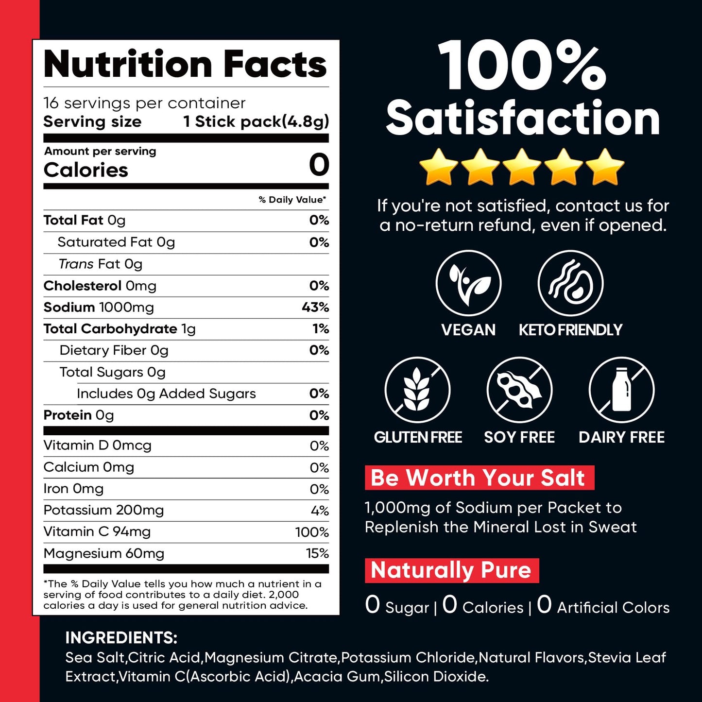 Venture Pal High Sodium Sugar Free Electrolytes Powder Packets, 16 Count | Hydration Packets with Sodium, Magnesium & Potassium, Vitamins, Zero Calories, Vegan, Keto & Paleo Friendly