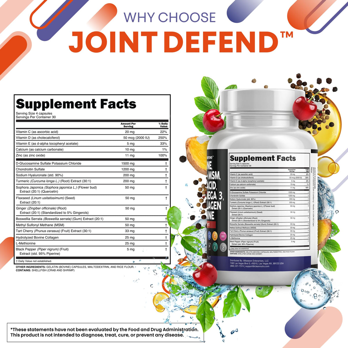 Clean Nutraceuticals Glucosamine 1500mg Chondroitin 1200mg MSM with Turmeric Curcumin, Collagen, Hyaluronic Acid, Omega 3 – Joint Health Supplement for Men & Women – Joint Complex – 120 Count