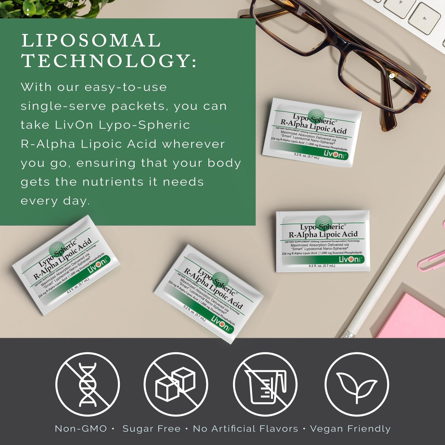 LivOn Laboratories Lypo-Spheric R-Alpha Lipoic Acid - 226mg Per Packet - Liposome Encapsulated for Maximum Bioavailability - 100% Non-GMO (30 Individual Packets)
