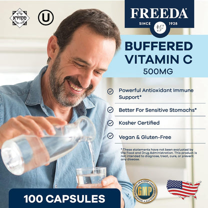FREEDA Buffered Vitamin C 500mg for Immune Support – 100 Capsules | Includes 50mg Calcium – Supports Immune Health & Antioxidant Defense – Gentle on Stomachs, Kosher, Vegan, & Made in USA