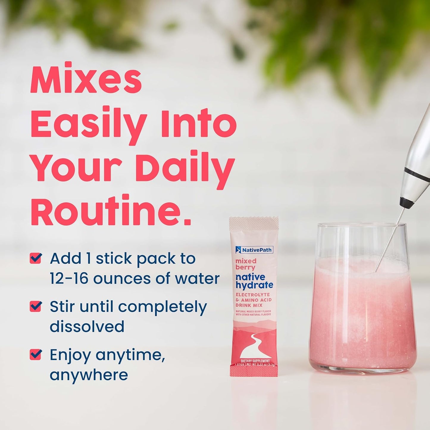 NativePath Hydrate Electrolyte Stick Packs, Mixed Berry, 30 Count | Single-Serve Sticks, 14 Vitamins & Minerals, 9 Aminos & 2000mg BCAAs, Zero Sugar, Hydration, Keto