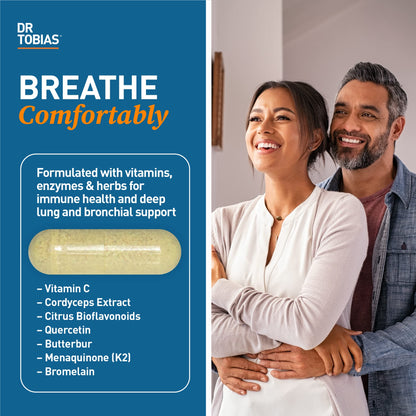 Dr. Tobias Lung Health Respiratory Support 60 Capsules | Lung Supplement | Lung Cleanse, Bronchial & Immune Support | Vitamin C + Butterbur + Quercetin + Bromelain | 60 Servings