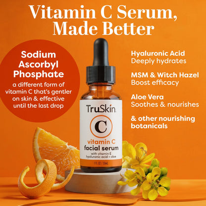 TruSkin Brightening Vitamin C Serum for Face with Hyaluronic Acid, 1 fl oz | Anti aging face serum with Vitamin E to improve the look of dark spots, fine lines, skin tone & support radiant-looking skin