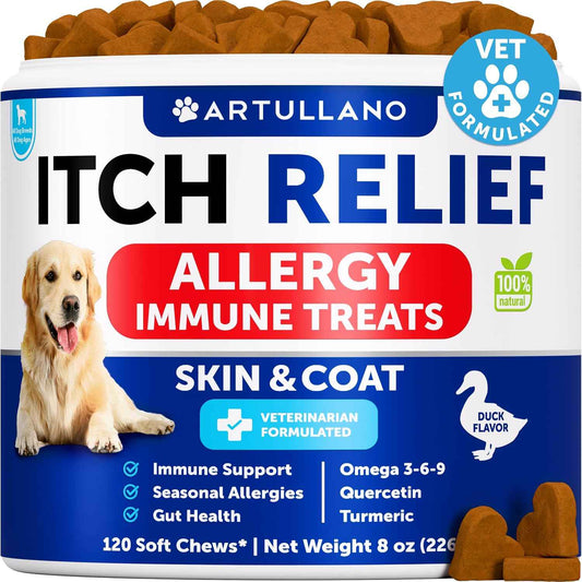 Dog Allergy Relief Chews - Itching Skin Relief for Dogs - Fish Oil - Omega 3 - Seasonal Allergies Pills - Skin & Coat, Anti Itch,Hot Spots Treatment - Canine Immune Health Supplement - 120 Soft Treats
