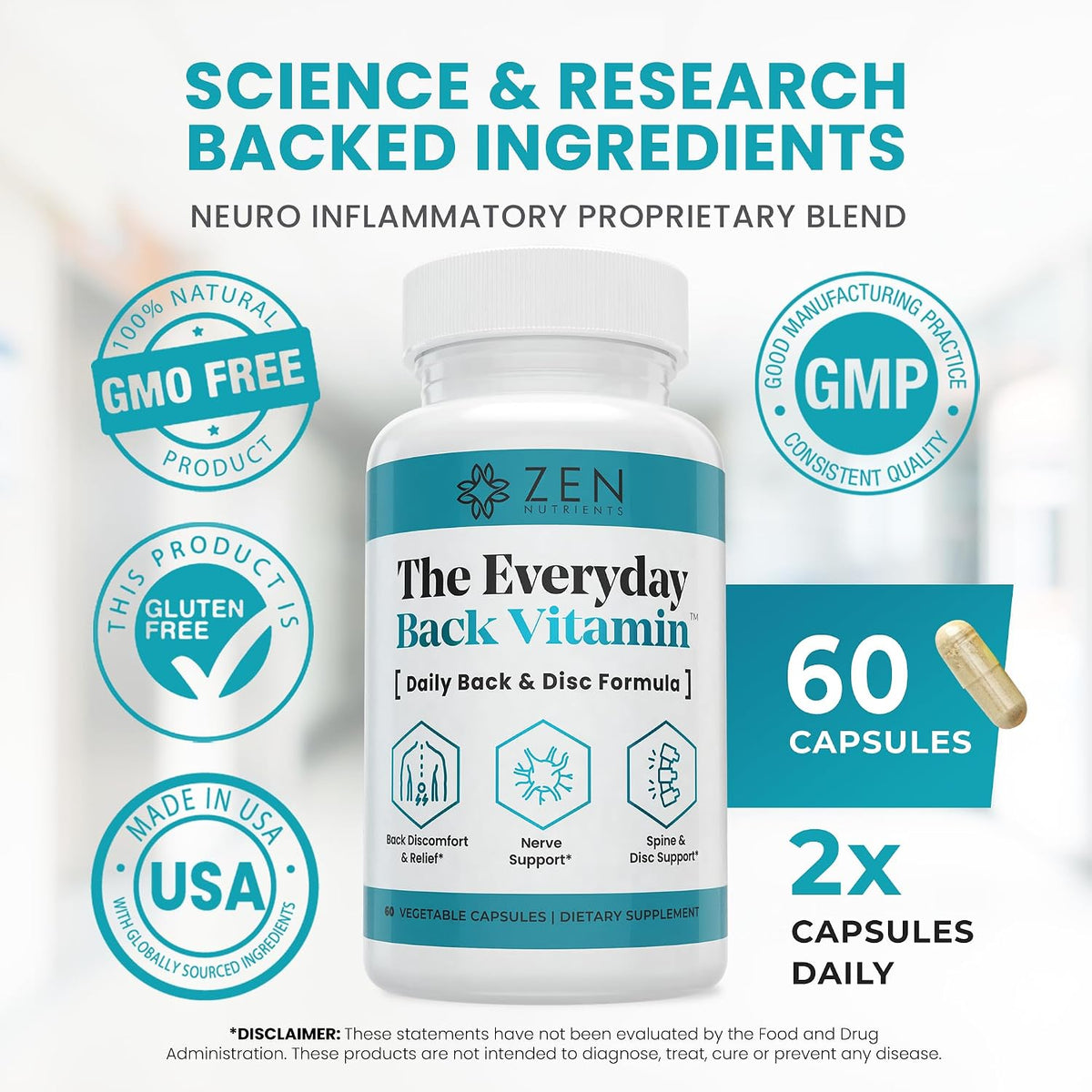 Zen Nutrients The Everyday Back Vitamin for Lower Back Relief & Nerve Function Support Supplement - Back, Disc and Nerve Relief with Alpha Lipoic Acid, Turmeric & Glucosamine (60 Capsules)