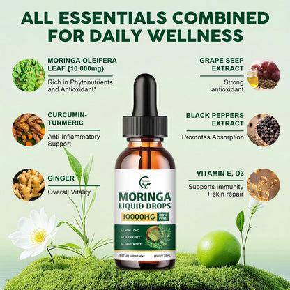 (2 Pack) Organic Moringa Liquid Drops, Moringa Supplement with Turmeric, Black Pepper, Grape Seed Extract, Pure Moringa Oleifera Leaf Extract for Skin, Gut, Immune Support, More Potency Than Powder