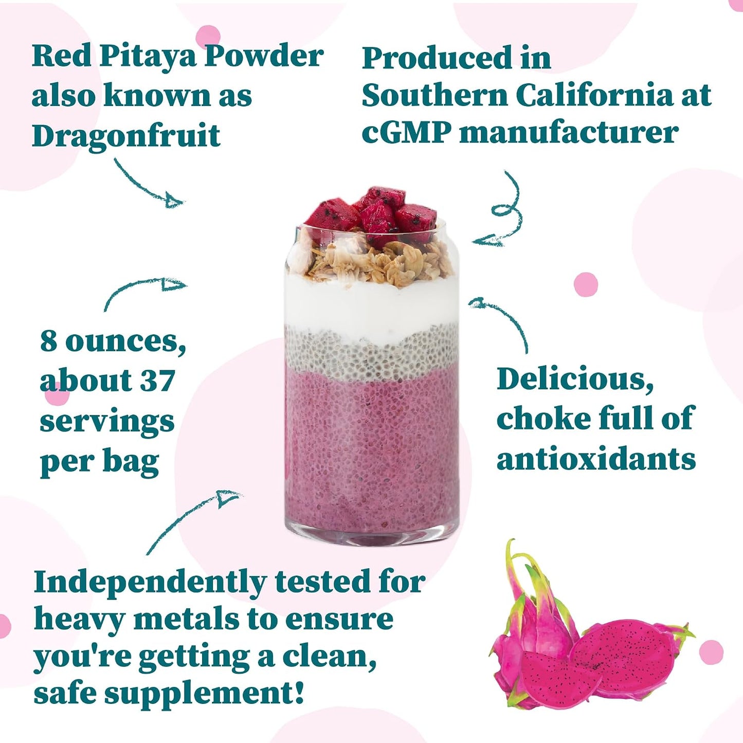 Pink Pitaya Powder, 8 Ounces, Non GMO, Gluten Free, Vegan, Packaged Locally in California