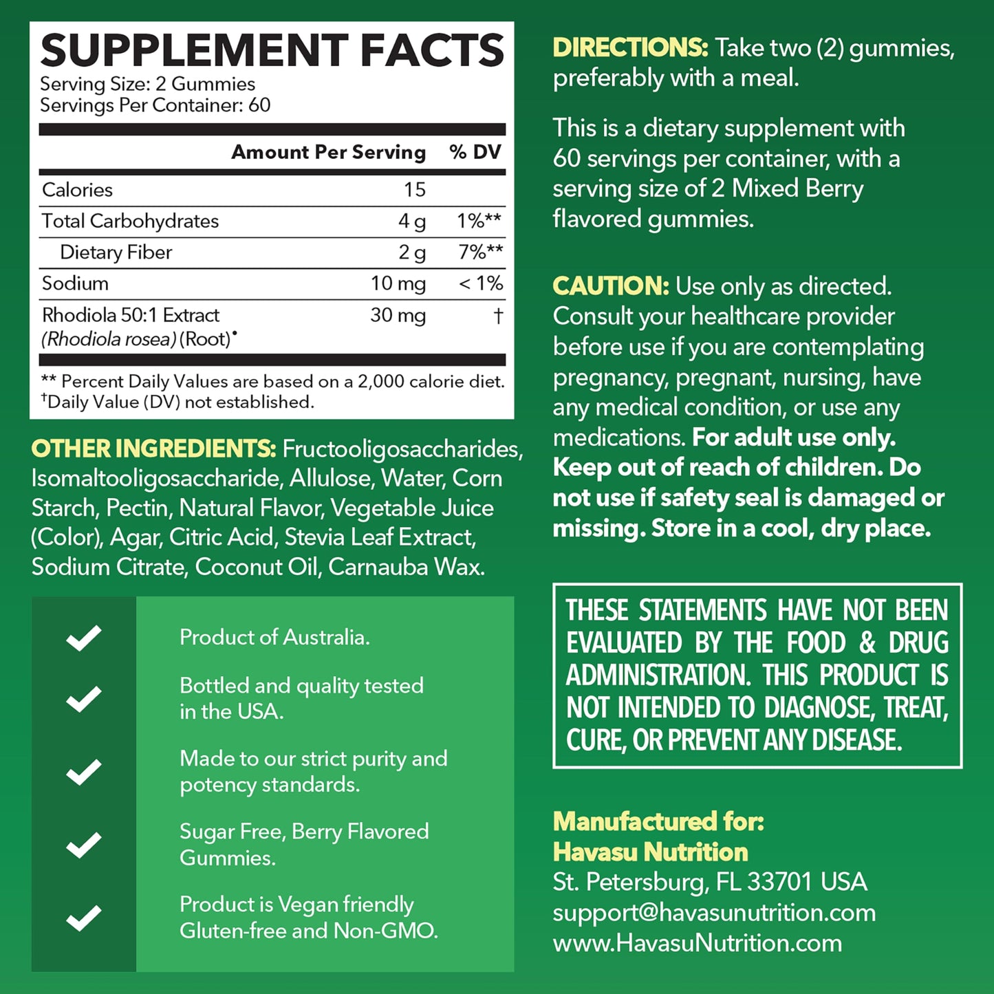 Rhodiola Rosea Gummies, Sugar Free Rhodiola Supplement, 30 Servings | Herbal Adaptogen for Mental Clarity and Performance, 60 Count, Vegan and Gluten-Free, Mixed Berry Flavor, 1-Month Supply
