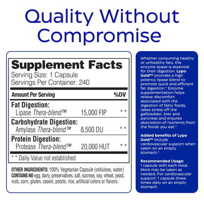 Enzymedica Lypo Gold - Protease, Amylase & Lipase Digestive Enzymes for Women & Men, Enzyme Supplement for Fat Digestion, Gut Health & Gallbladder Support, Helps Gas & Bloating, Gluten Free - 60 Caps