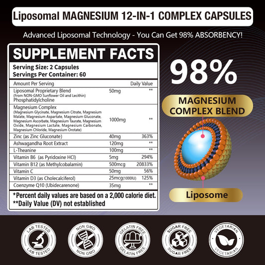21 in 1 Liposomal 1400mg Magnesium Complex (Citrate, Glycinate, Malate etc) Capsule - 12 Active Types Magnesium with Vitamin D3, B6, B12, C, Ashwagandha & CoQ10 for Women & Men