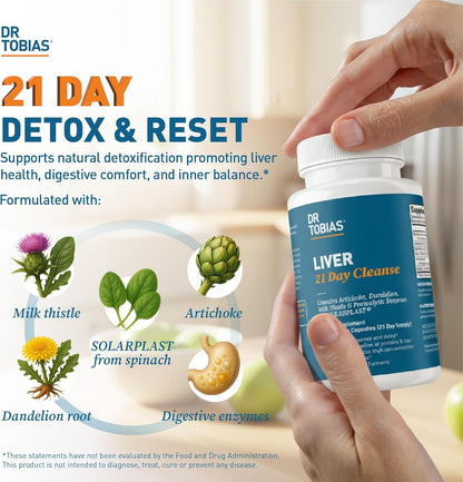 Dr. Tobias Liver 21 Day Cleanse 63 Capsules | Herbal Liver Detox Cleanse | Liver & Digestive Support | Milk Thistle + Dandelion + Artichoke | SOLARPLAST + Enzymes | 21-Day Program
