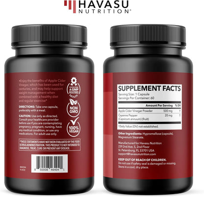 Apple Cider Vinegar Capsules with Cayenne Pepper, 60 Count, 2-Month Supply | 500mg ACV Per Serving for Appetite, Cravings, and Bloating Relief, Vegan, Non-GMO, Easy-to-Take Capsules, 60-Day Supply