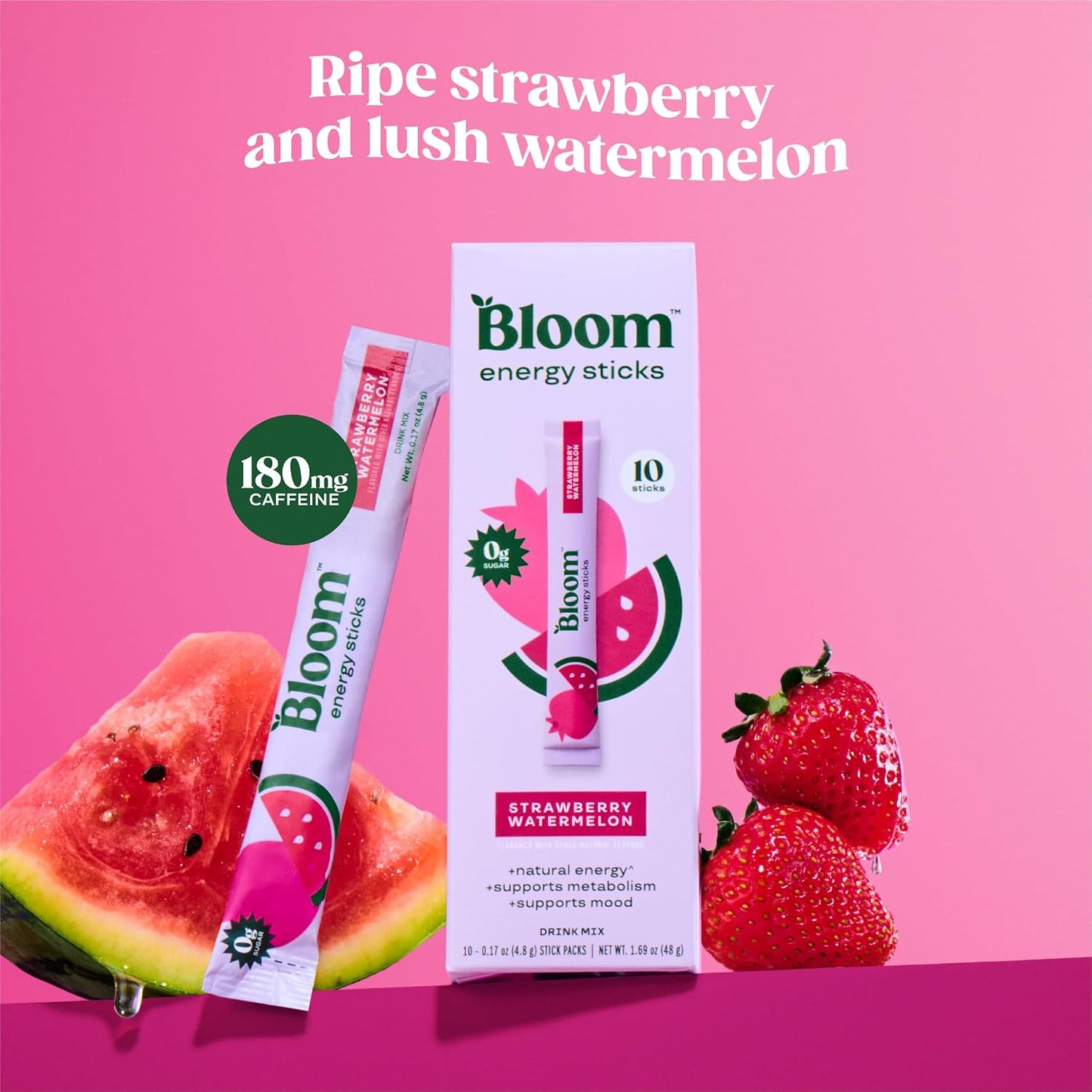 Bloom Nutrition Energy Drink Powder Packets, Strawberry Watermelon, 10 Ct | Sugar Free Drink Mix with L-Theanine, B Vitamins & Natural Caffeine, On the Go Powder Sticks for Natural Energy, 10 Calories