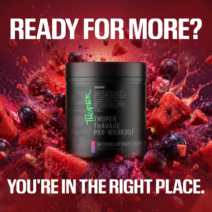 RAW Thuper Thavage Pre Workout Powder - High-Stim Preworkout with Creatine, Beta Alanine, L-Citrulline & Caffeine - Chris Bumstead Gym & Fitness Supplement for Men & Women - Watermelon Grape