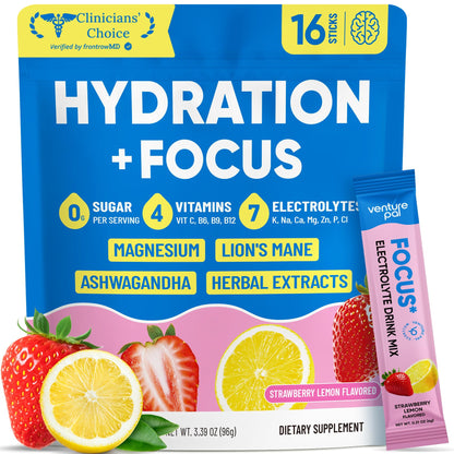 Venture Pal Sugar Free Hydration + Focus Electrolyte Packets, 16 Sticks | 7 Electrolytes + Vitamins, Magnesium, Lion's Mane & Ashwagandha, Boost Clarity & Energy, Electrolytes Powder, Vegan, Keto