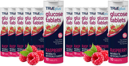 TRUEplus Glucose Tablets, Raspberry Flavor, 10 Count, 6 Tubes | Chewable Tablets, 15g Fast-Acting Carbohydrates, Fat Free, Gluten Free, Boosts Energy, Great Tasting and Easy to Use