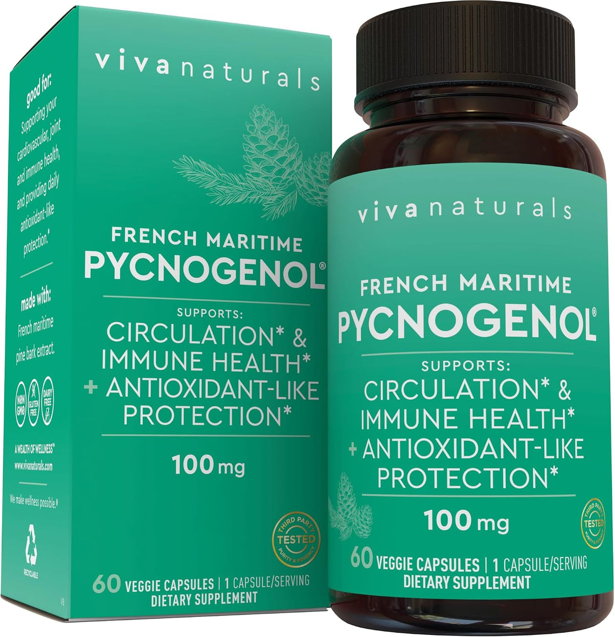 Viva Naturals Pycnogenol - 100mg French Maritime Pine Bark Extract – Supports Circulation, Antioxidant-Like Activity, Joints & Immune Health and Function – 60 Veggie Capsules
