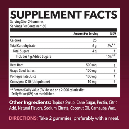 Beet Root Gummies with COQ10 and Grape Seed, Mixed Berry, 30 Servings | Nitric Oxide Supplement with Beetroot, Grape Seed Extract and COQ10 for Performance and Recovery, Vegan, Non-GMO, Gluten-Free