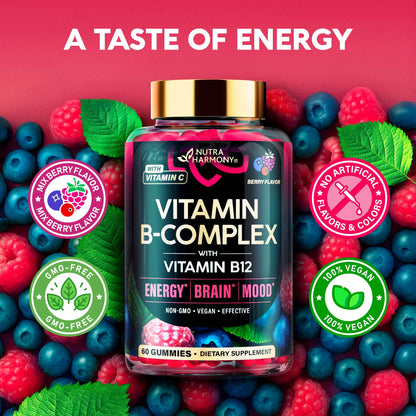 Vitamin B-Complex Gummies for Women & Men - Vitamin B12, B1, B2, B3, B5, B6, B7 & B9 - B Complex with Vitamin C & Choline - Energy, Brain & Mood - Natural Berry Flavor, Vegan - 60 Gummies for 2 Months