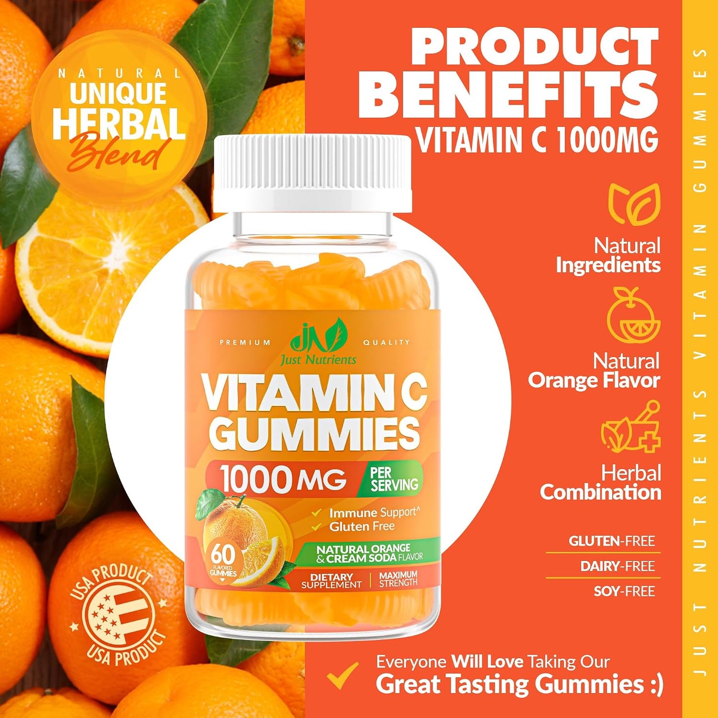 Vitamin C 1000mg Gummies – Chewable Multivitamin for Adults & Kids | Maximum Strength Immune Support with Vitamins A & E, Zinc, Magnesium & More – Natural Orange Flavor – Gluten Free, Non-GMO