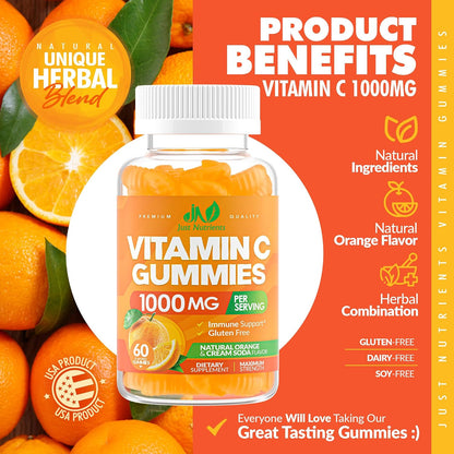 Vitamin C 1000mg Gummies – Chewable Multivitamin for Adults & Kids | Maximum Strength Immune Support with Vitamins A & E, Zinc, Magnesium & More – Natural Orange Flavor – Gluten Free, Non-GMO