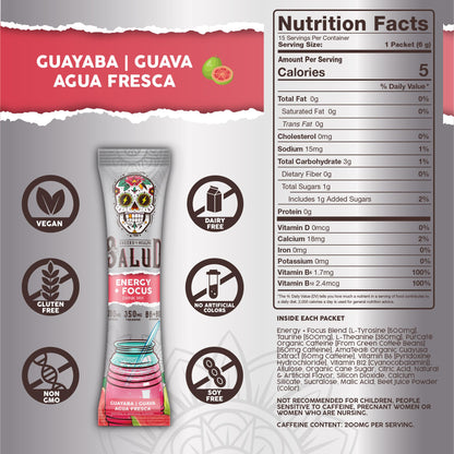 Salud 2-in-1 Energy + Focus Drink Mix, Hibiscus | Organic Caffeine, B6 + B12, Theanine, Clean Energy Packets, Agua Fresca Mix, Non-GMO, Gluten Free, 1g of Sugar (15 Servings)