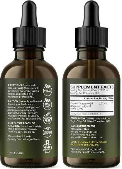 Organic Oil of Oregano Drops, 200 Servings, 1 Fl Oz High Strength Carvacrol | Oregano Oil Liquid Drops for Daily and Seasonal Immune Support, 6 Month Supply, Alcohol Free, Non-GMO, USDA Certified, Vegan