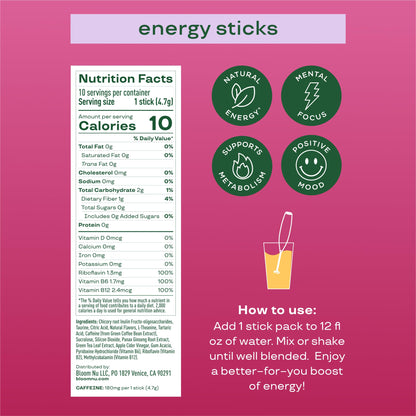 Bloom Nutrition Energy Drink Powder Packets, Strawberry Watermelon, 10 Ct | Sugar Free Drink Mix with L-Theanine, B Vitamins & Natural Caffeine, On the Go Powder Sticks for Natural Energy, 10 Calories
