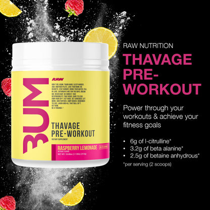 RAW Pre Workout Powder, Thavage (Beach Bum) - Chris Bumstead Sports Nutrition Supplement for Men & Women - Cbum Pre Workout for Working Out, Hydration, Mental Focus & Energy - 40 Servings
