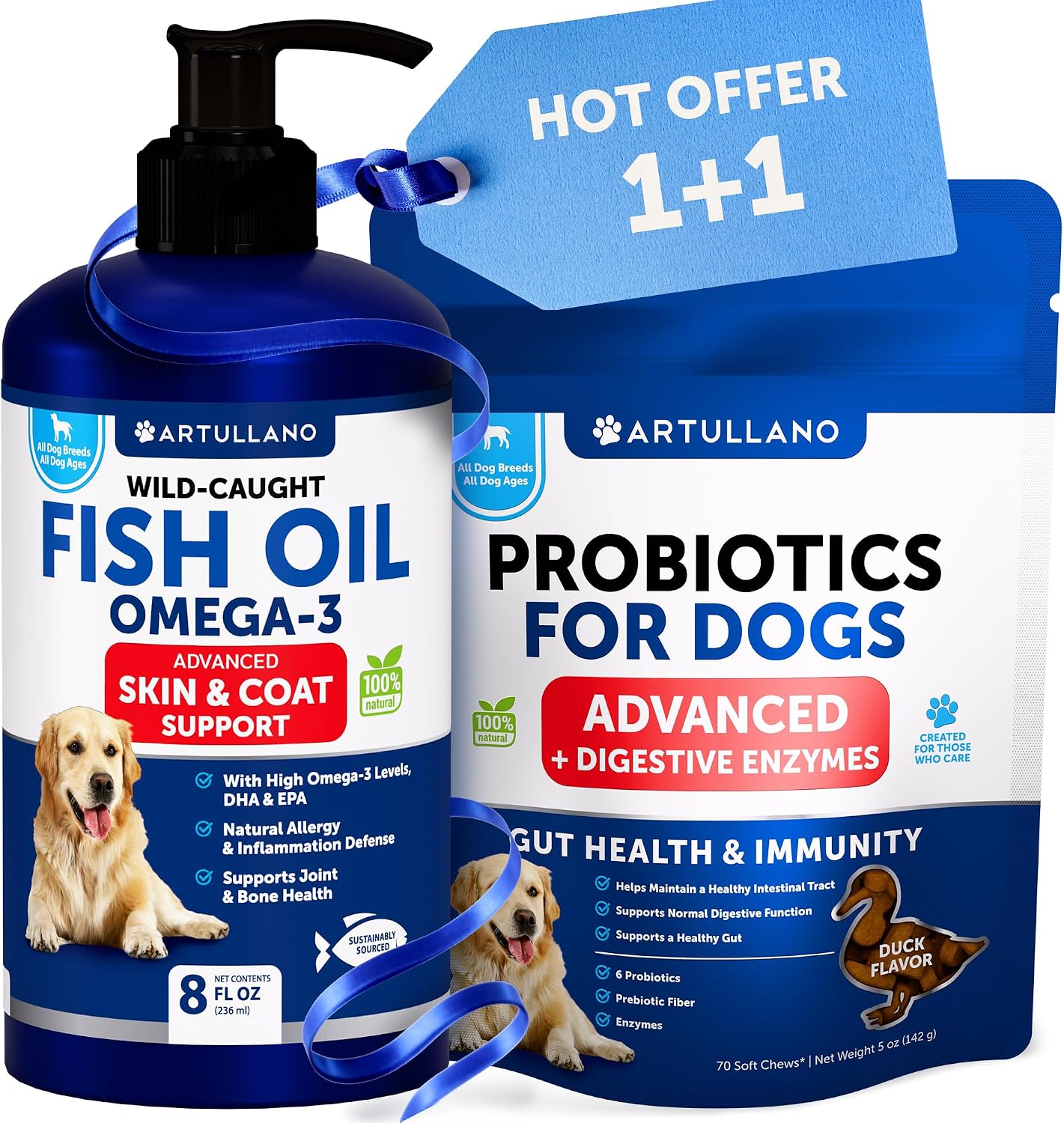 Dog Probiotic Chews + Salmon Oil Bundle - Probiotics & Prebiotics for Gut Health, Immunity, Yeast Balance, Reduces Diarrhea - Omega 3 with EPA & DHA for Skin, Coat, Joint & Allergy Support