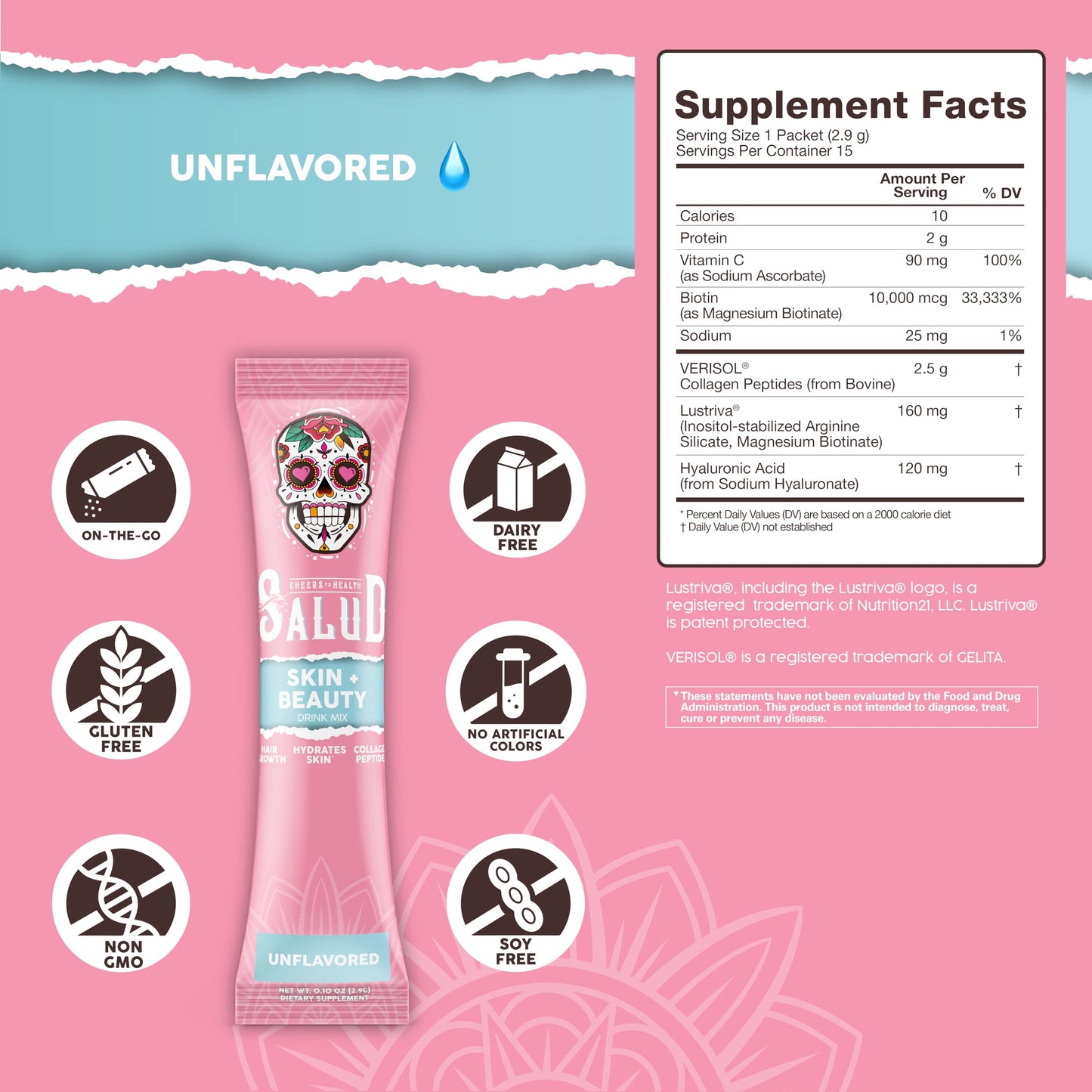 Salud 2-in-1 Skin + Beauty Drink Mix, Strawberry Kiwi | Collagen Peptides with Verisol, Hyaluronic Acid, Vitamin C, Biotin + Lustriva, Hydration Sticks, Gluten Free (15 Servings)